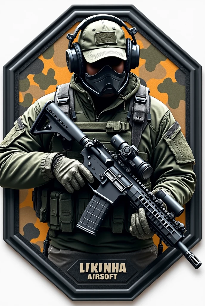 Create Hexagonal Rubberized Patch Cliché, camouflage coat of arms background,military coat of arms with the name Lukinha Airsoft, operator carrying an m4 rifle wearing a cap and headphones