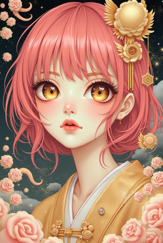 (traditional Japanese girl:1.3), beautiful detailed eyes, beautiful detailed lips, extremely detailed gold eyes and face, long eyelashes, upper body, from side, looking at viewer, (fractal art:1.3), (pink hair:1.2), water, liquid, cloud, colorful, starry, stars, (best quality, 4k, 8k, highres, masterpiece:1.2), ultra-detailed, (realistic, photorealistic, photo-realistic:1.37), vibrant colors, studio lighting, extremely detailed description, professional, concept art, surreal, 1920s french vibe, monochromatic gold and pink palette, in the style of french illustrator moebius, gold elements,