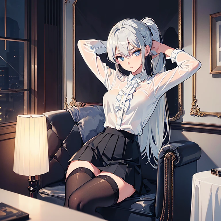 A woman with beautiful gray hair, sharp eyes, fierce Korean style, wearing an unbuttoned shirt and pretty shorts, holding a rose in her mouth, sitting in a charming pose on a chair in the house, in front of the window.