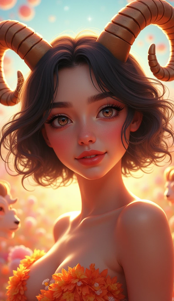 representation of the capricorn zodiac sign in the form of a woman: fantastic artwork in high definition (8k) with bright, cheerful tones, short, wavy hair, curious, sparkling eyes and elements that identify capricorns, such as capricorns or symbols related to this zodiac sign. women, girl, women, women.