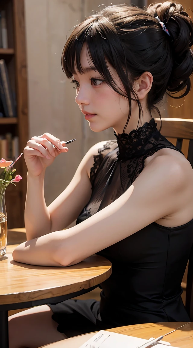 table, Highest quality, photo, very detailed, in details, high resolution, 8K wallpaper, Perfect dynamic composition, สวยงามใส่ใจin details, woman'Fall Fashion,medium hair,Small mouth, natural color, Sexy poses,smile,Harajuku、20 year old girl、cute、Sexy photo looking at the camera