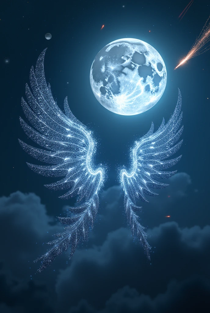 full moon plus meteorites, planets and only Angel wings made of stars, the separated wings