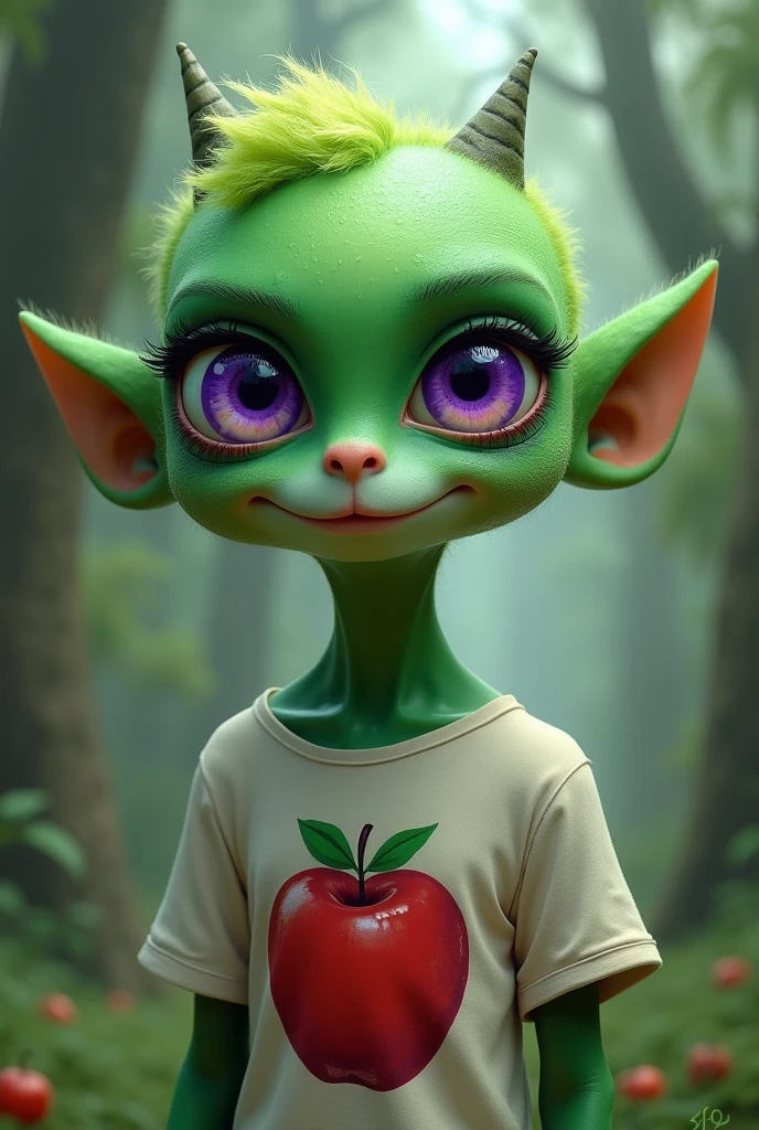 Make one that has green skin and purple eyes with an apple printed on the shirt