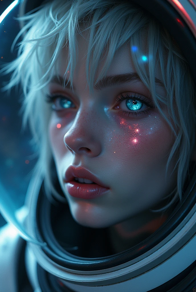 (Close-up of a better masterpiece:1.5)0.9], (Space and astronauts:1.2) (Messy silver hair:1.1) (Heterochromia xanthochromia and blue eyes:1.2) (Space Helmet:1.0) (Colored stars in the eyes:1.0) (A radiant glow:1.1) (thick lips:0.9)