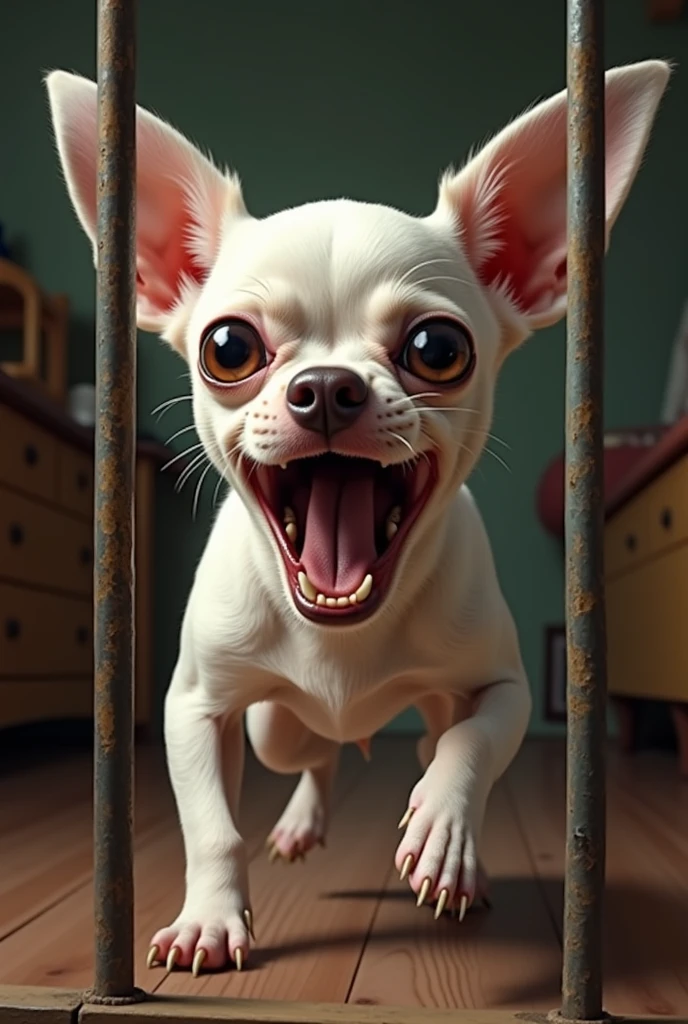A scared white chihuahua dog tries to escape from its cage and in the background they are inside a house