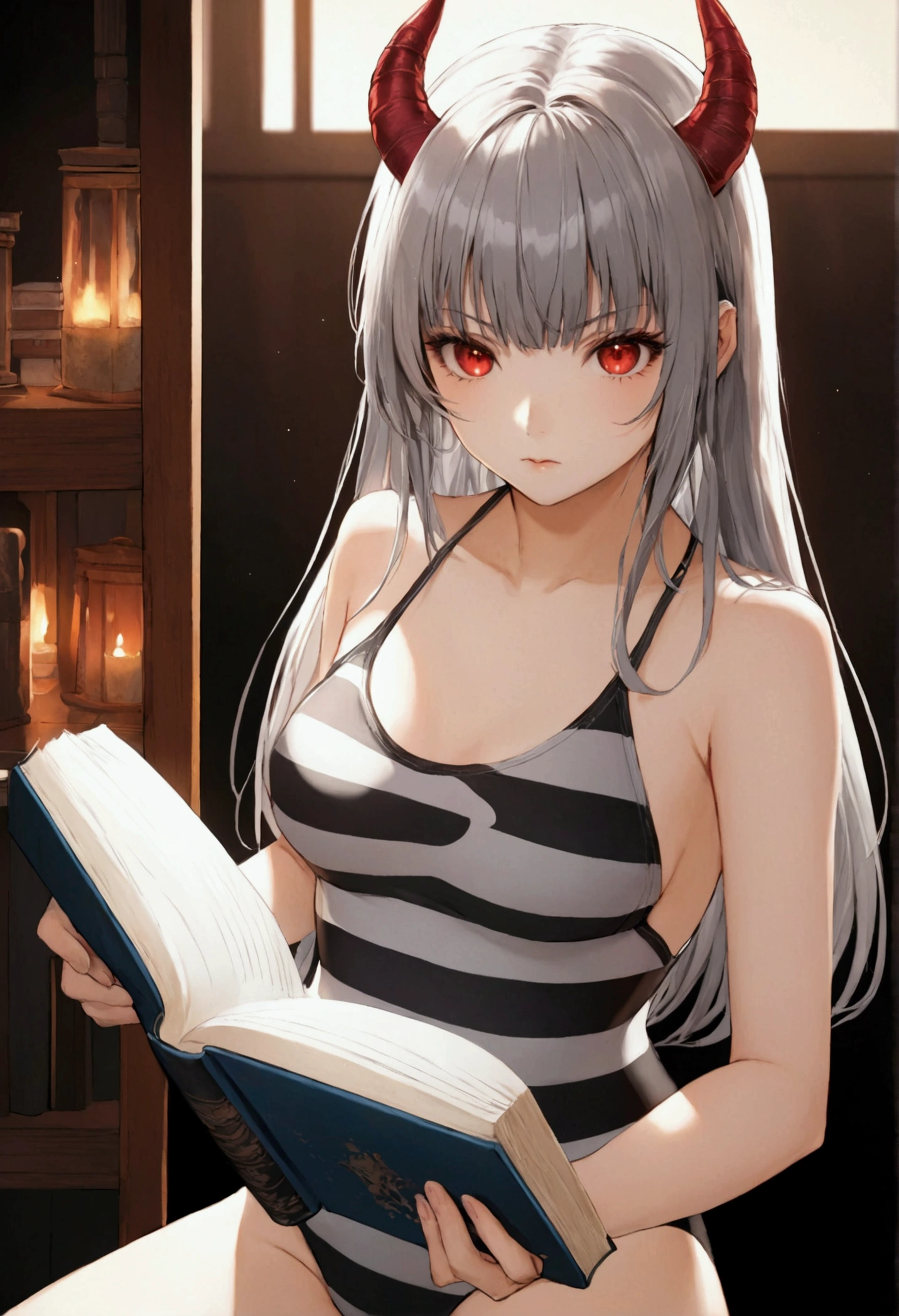 8k, Highest quality, Manga style, View your viewers, Intricate details,One person, Nakiri Ayame, ２Demon horns in the book, Multicolored Hair, Long Hair, Red eyes, Gray Hair, striped highleg swimsuit, 