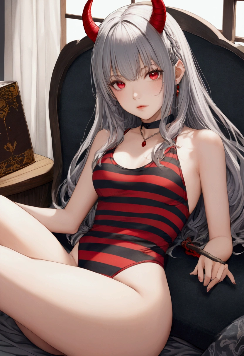 8k, Highest quality, Manga style, View your viewers, Intricate details,One person, Nakiri Ayame, ２Demon horns in the book, Multicolored Hair, Long Hair, Red eyes, Gray Hair, striped highleg swimsuit, 