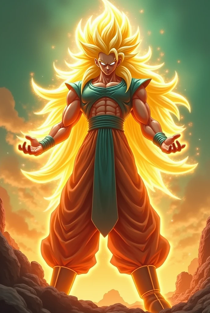 A Super Saiyan God with a long, flowing hair striking a heroic pose. The Super Saiyan is holding out a hand. The background is a gradient of neon orange and green.