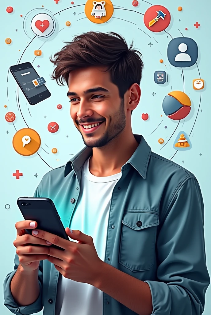 realistic young man, 25, brazilian, surprise affection, using a smartphone, interacting with chatGPT, multitasking, surrounded by icons from different fields, versatile, icons of completed tasks, technology, cyberpunk, backgroundless image