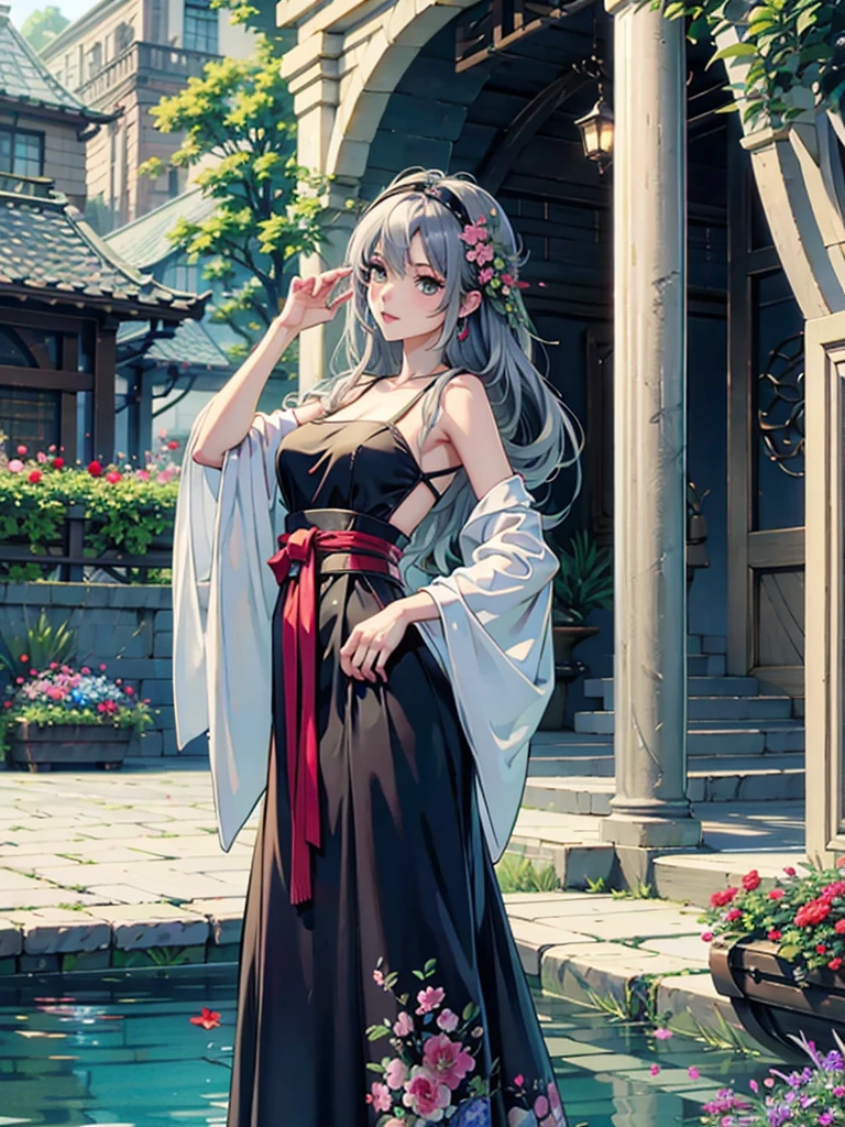 Magnificent View、Floating Island、Hanging Garden、Outdoor、anime、High definition、Miko costume、Holy Maiden、In a garden full of blooming flowers, she is spinning with her right hand stretched upwards, her left hand on her hip, and her chin raised.、Silver Hair（Long Hair、The top of the head is indigo blue、The ends of the hair are red.）、Jade Eyes