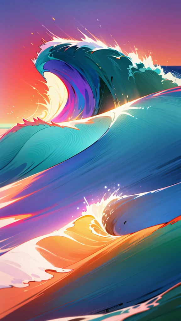 an image of a massive pipeline wave crashing in the ocean, with a deep blue color and foamy white crest, under the soft light of sunrise. The wave should curl over dramatically, with the shades of pink, orange, and purple as the sun is just beginning to rise on the horizon, casting a warm glow over the scene