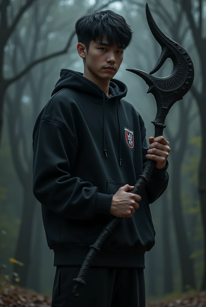 an 18 year old young man, wearing a black sweatshirt with a waning moon symbol on his right chest, with a large sickle where the blade part is the head of a rhinoceros and the blade is its horn and its soul in a black tone at its side 