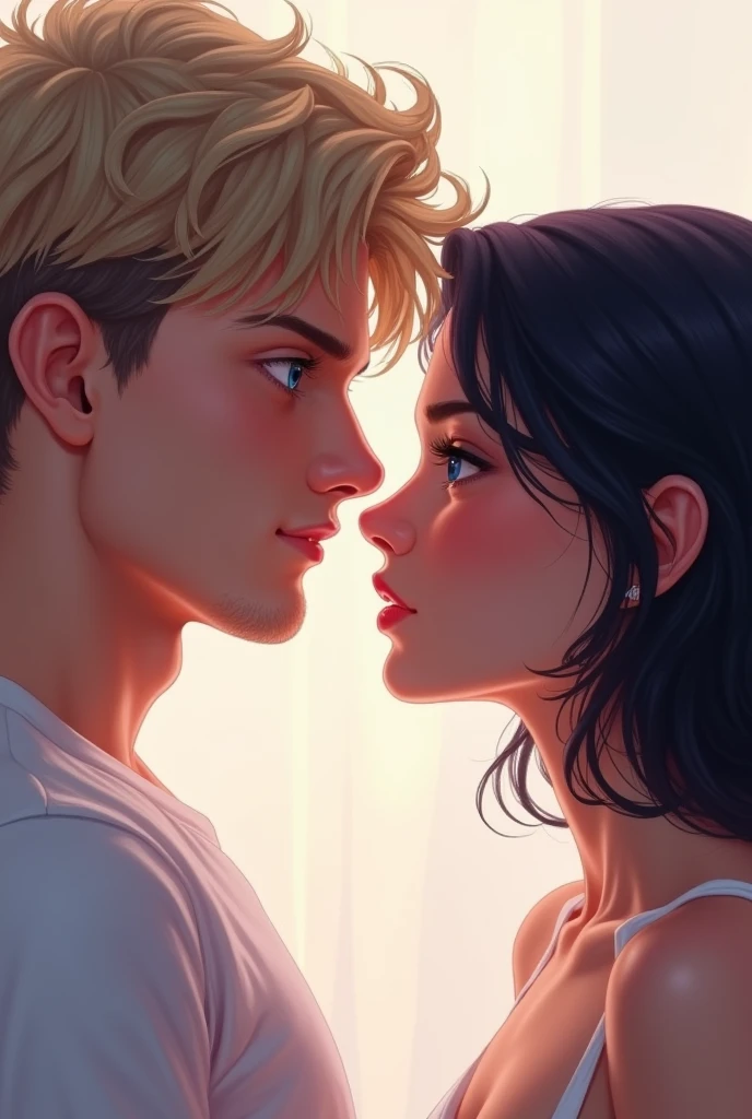 Imagine a cover in pastel tones, I want my protagonists to appear on the cover, Staring directly into each other's eyes, letting their love and  be seen.
A man with blond hair, disordered, piercing blue eyes,of tall stature, with masculine and young adult features.
A woman with shoulder-length, semi-wavy black hair, dark brown eyes, with fine and elegant features.
I want something more real Create something where both look handsome