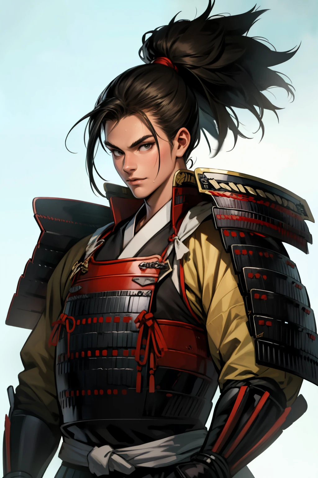(high resolution, pixel perfect, gorgeous illustrations), (hyper quality, muste piece, etheric: 1.4), (((cowboy shot))), face focus, ((((1girl)))), (((Androgynous, boyish))), ((())), (((((punk))))), hot Rocker punk girl, cool atmosphere, black hair, ((((okappa)))), (((Exquisite face))), (ideal ratio body proportions, slender, small breasts), fighter, (((samurai_armor))), sweat, shiny skin, gleaming skin, simple background,