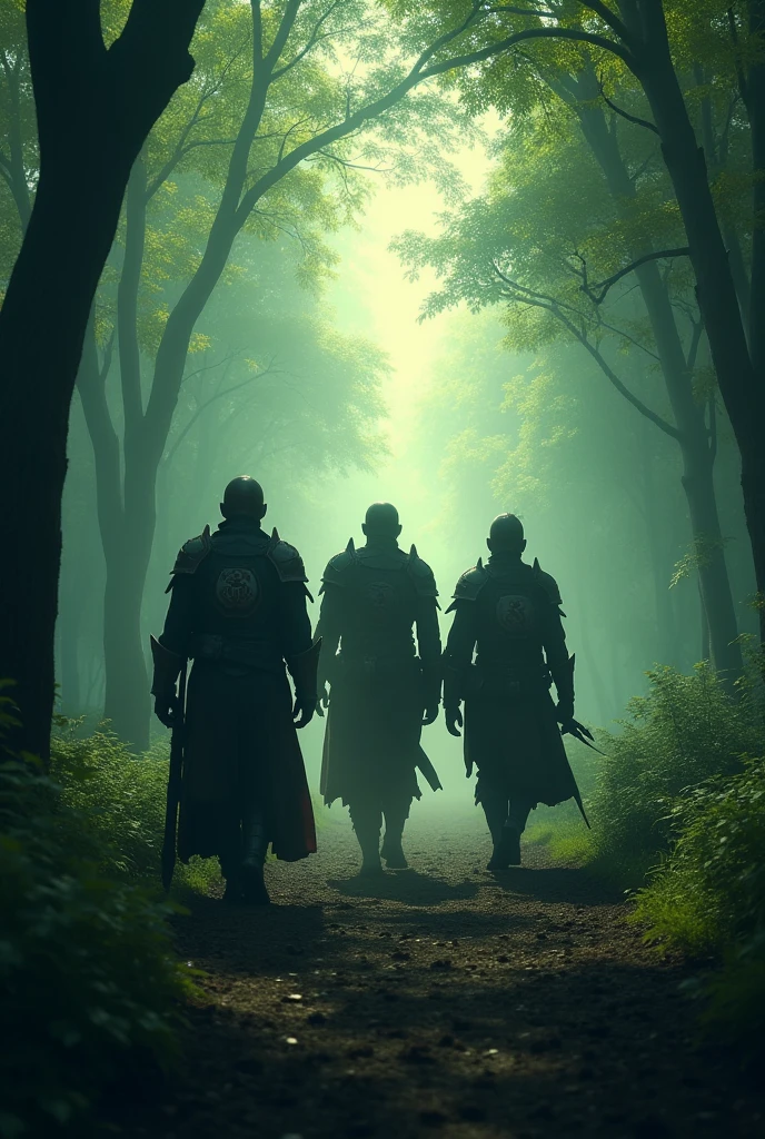 Leaving the forest with the Heart of the Forest : The Guardians, victorieux mais épuisés, leaving the clearing with the Heart of the Forest in hand. Leurs silhouettes se découpent sur l'horizon alors qu'ils marchent vers la lumière, prêts pour la prochaine étape de leur quête.