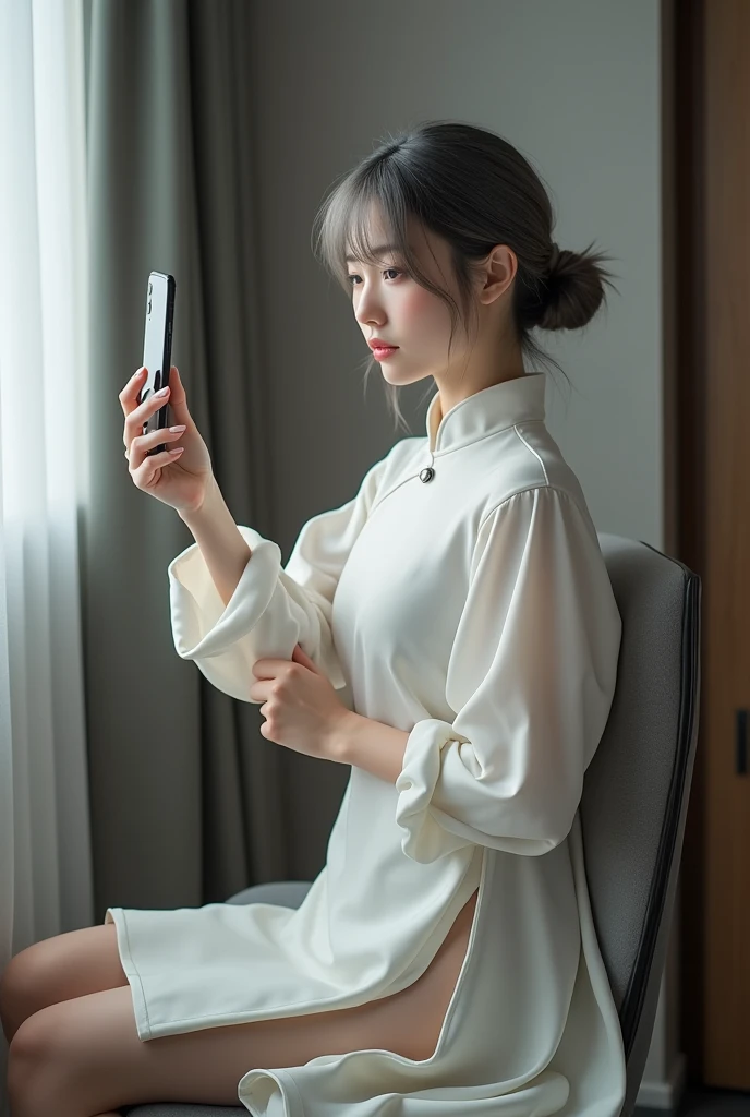 highly detailed, beautiful, hyper Realistic girl, masterpiece, best quality, Japanese sexy gravure woman, 28-years-old, identity hidden, all body shot, , takes a selfie in her room using a smartphone in front of a mirror with one hand, fashion model Posing, sitting, looking away from the camera, /// gray arranged hair, light color eyes, Realistic skin, Detailed face, /// BREAK Cyber punk taste chinese dress, balloon Sleeves, white theme, mandarin collar, Circular silhouette skirt, gray, /// Monotone simple modern taste single room, mirror, complicated background
