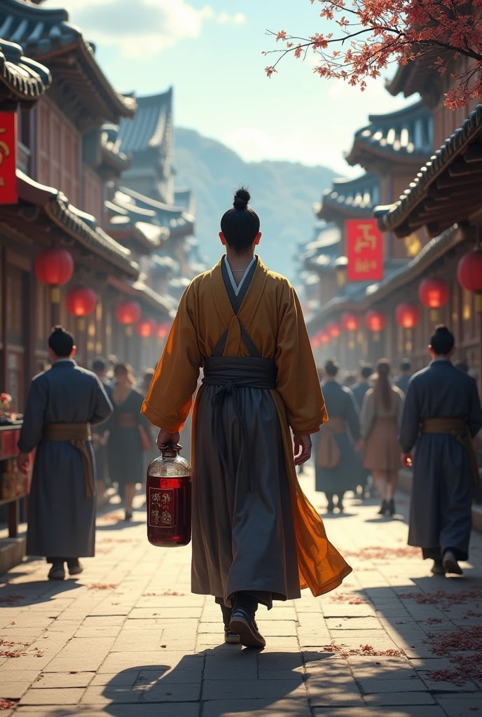 A Joseon-era vagabond wandering backwards through the city streets with a jar of wine