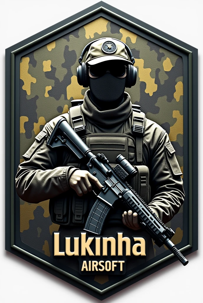 Create Hexagonal Rubberized Patch Cliché, camouflage coat of arms background,military coat of arms with the name Lukinha Airsoft, operator carrying an m4 rifle wearing a cap and headphones