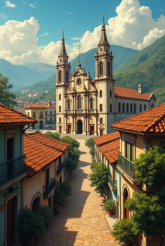 Painting of a panoramic view of a city in the interior of Brazil with old houses and a baroque style church