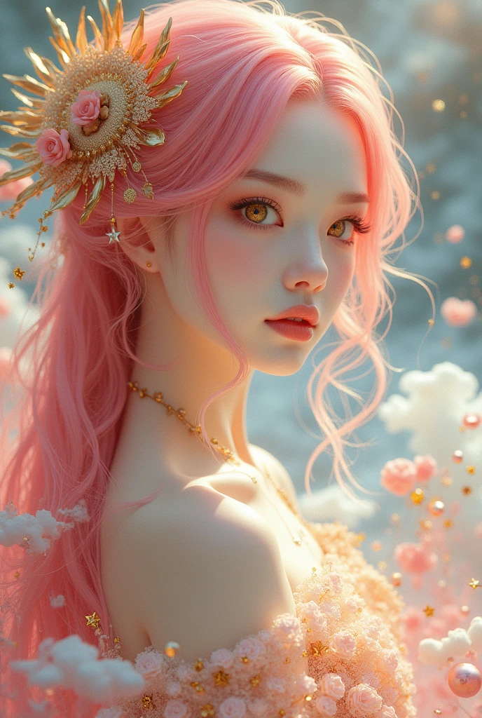 (traditional Japanese girl:1.3), porcelain doll skin, beautiful detailed eyes, beautiful detailed lips, extremely detailed gold eyes and face, long eyelashes, upper body, from side, looking at viewer, (fractal art:1.3), (pink hair:1.2), water, liquid, cloud, colorful, starry, stars, (best quality, 4k, 8k, highres, masterpiece:1.2), ultra-detailed, (realistic, photorealistic, photo-realistic:1.37), vibrant colors, studio lighting, extremely detailed description, professional, concept art, surreal, 1920s french vibe, monochromatic gold and pink palette, in the style of french illustrator moebius, gold elements,