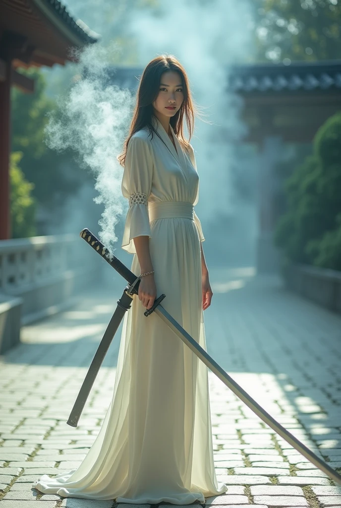 editorial photography,super detailed background,Super realistic,double exposure,depth of field,beauty super slender skinny vides,soft focus pure tone,narrative scene,White smoke rises from the blade of a long Japanese sword,held by female facing forward,Zen temple paving stones,