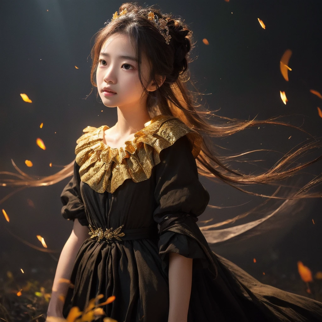 (masterpiece, top quality, best quality, official art, beautiful and aesthetic:1.2), (1maturedgirl), cute, extreme detailed,(fractal art:1.3),colorful, highest detailed, royal, 3 year old princess, crown, flower garden, yellow gown dress