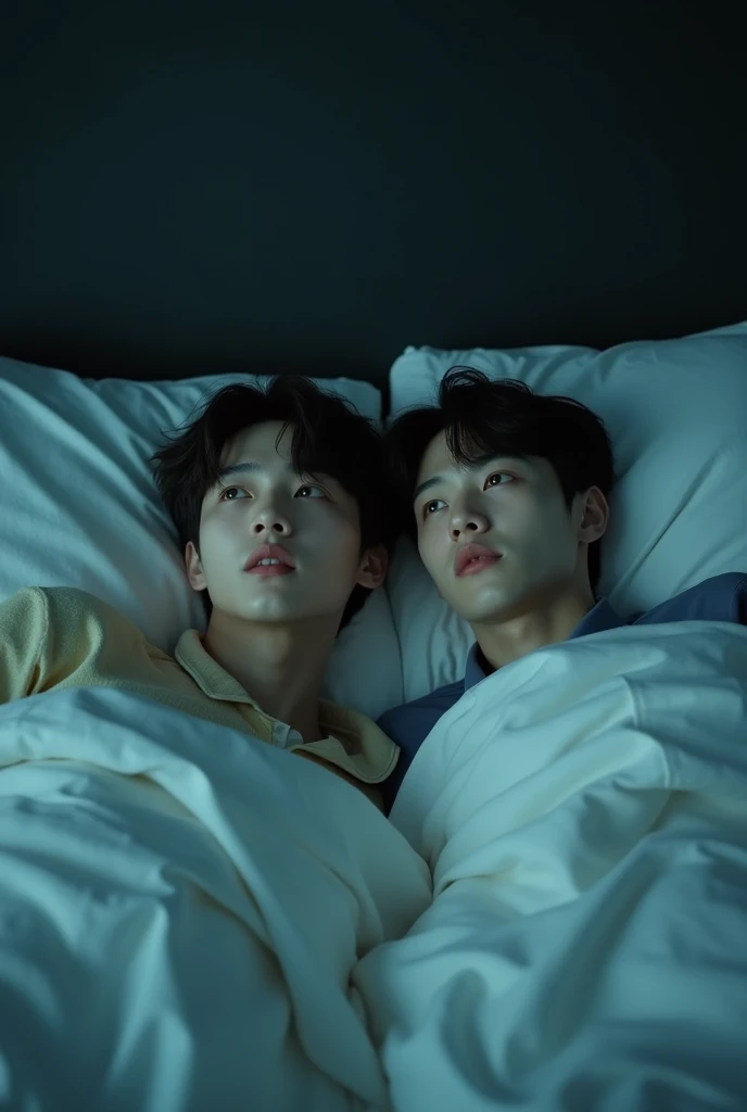 Jeon Jungkook and Park Jimin lying in bed with the blanket up to their belly button looking scared at the ceiling
