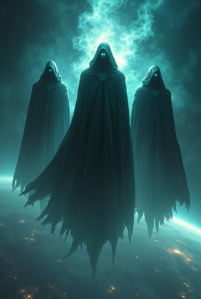 Three powerful wizards above planet earth with eyes full of power