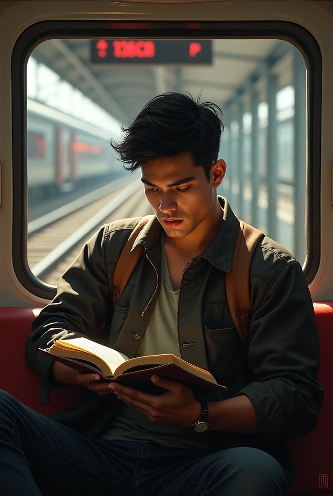 Young COLOMBIAN man 1 and Colombian characteristics, because he is Colombian and he is sitting alone on a train reading a book, where he and the destination indicator stand out, where the vanishing point is evident