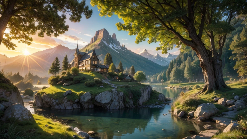 fairytale view with ornamented fantasy fairy garden in a wide steep valley with huge dramatic mountains in the distance,springtime,large ornamental lawns, very deep clear water natural pond, rocks plants flowers shrubs trees moss lawns grass animals,sunrise and strong sunbeams,very hazy,extreme details,photorealistic,4k,HD,beautiful,nature, dreamy, low shot,ground level photo