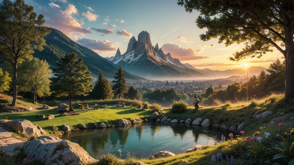 fairytale view with ornamented fantasy fairy garden in a wide steep valley with huge dramatic mountains in the distance,springtime,large ornamental lawns, very deep clear water natural pond, rocks plants flowers shrubs trees moss lawns grass animals,sunrise and strong sunbeams,very hazy,extreme details,photorealistic,4k,HD,beautiful,nature, dreamy, low shot,ground level photo