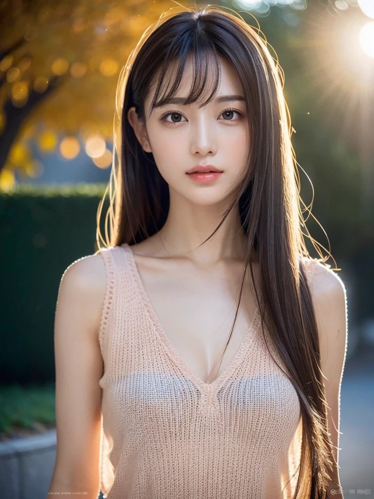 1 Female, Beautiful street hair with no split ends、West Shot、Beautiful, Backlight 、Autumn sunset, Backlight, Autumn color knit sleeveless top 、Slim figure, Big Breasts, beautiful, Show off your sexy neck and collarbone by putting your hair up. 、Shiny, Sexual skin 、Medium chest, Light brown hair, Blunt bangs, Hair behind the ear, Hair that falls over the shoulders, Long Hair, Slim figure, Ultra delicate lips, Beautiful eyes, Light blush, eyes are light brown, Perfect glowing skin, Perfect Skin, Very thin fingers, The optimal ratio is four fingers to one thumb, (Realistic:1.3), First Person View, Super Detail, high quality, 最high quality, High resolution
