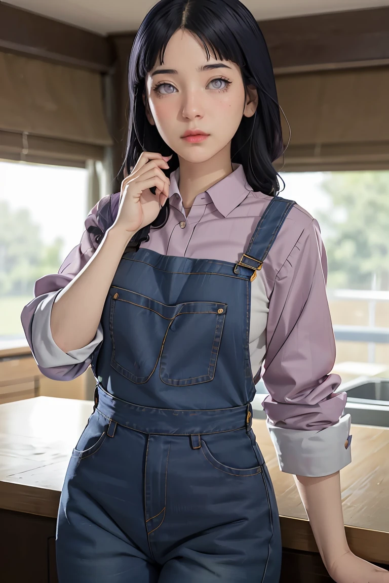 Masterpiece, best quality, Very detailed, illustration,1 girl,
, dark blue hair, french braid, purple eyes, smooth, blunt, rift,
shirt,(Jeans overalls set 1.1),shirtสเวตเตอร์สีม่วงอกกลาง,
look at viewer,Hyuga/(Boruto/),detailed lips