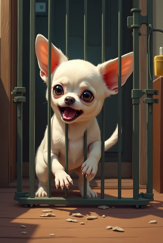 A scared white chihuahua dog tries to escape from its cage and in the background they are inside a house