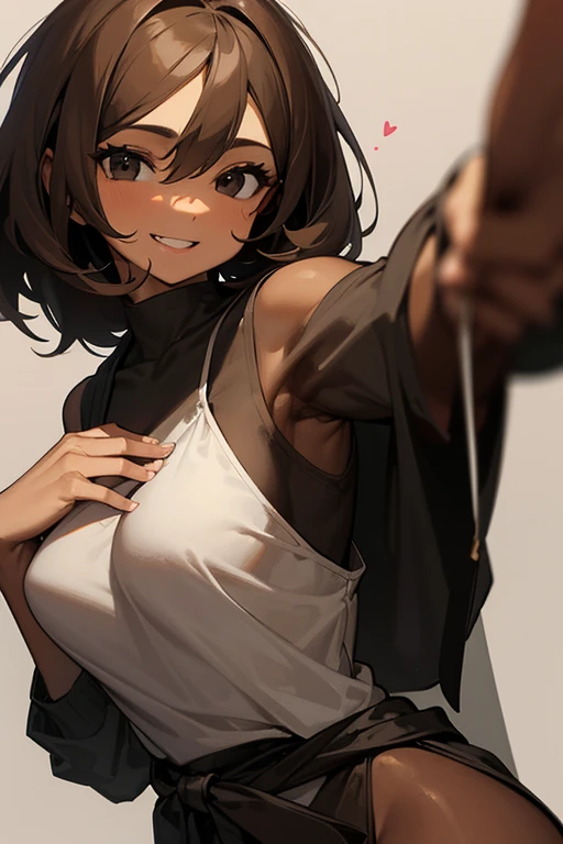 light brown-skinned woman, medium dark hair, black eyes with dark circles, Skinny body, with loose clothing and a happy expression forming a heart with her hands