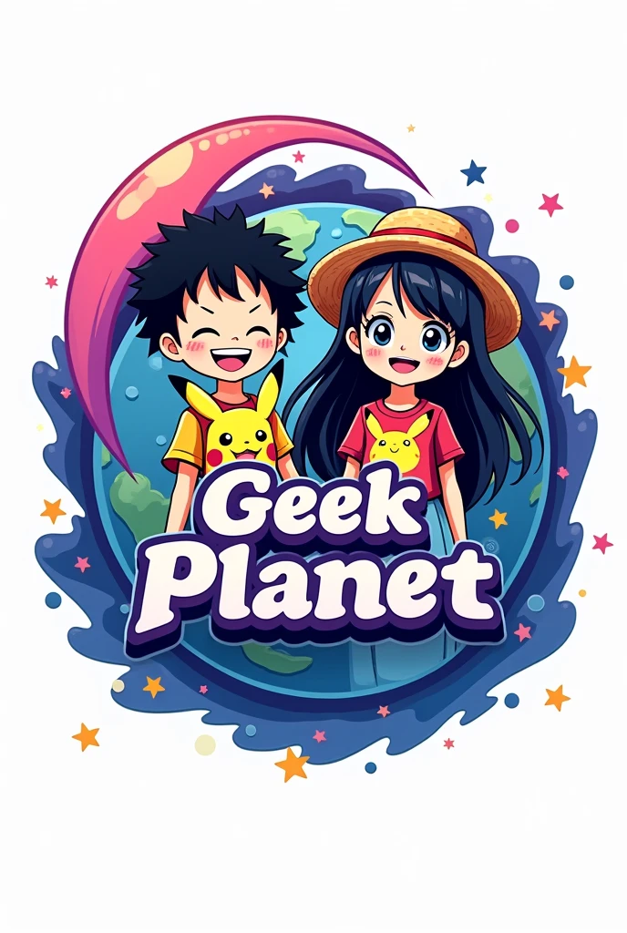 Un logo con el 🌎 de fondo, stars, heart and a crescent moon (pink and purple colors), Here are some anime figures of a boy with black curly hair and a girl with long black hair wearing Pikachu shirts and ears or a straw hat. (Luffy de one piece), the name of Geek Planet in the middle of the logo (Vivid colors throughout the image) and the white background 