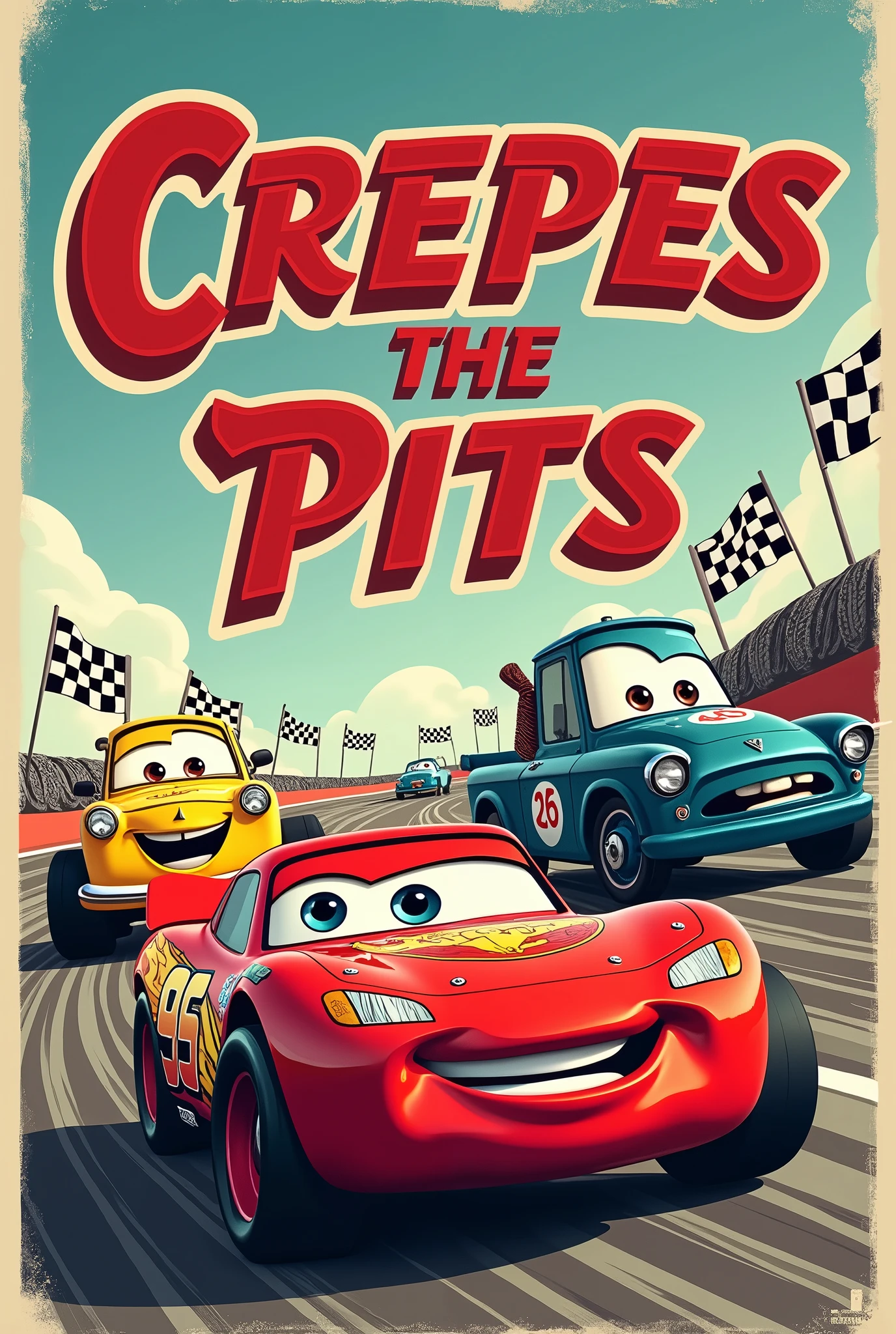 Create a cars style poster that says Crepes the pits 