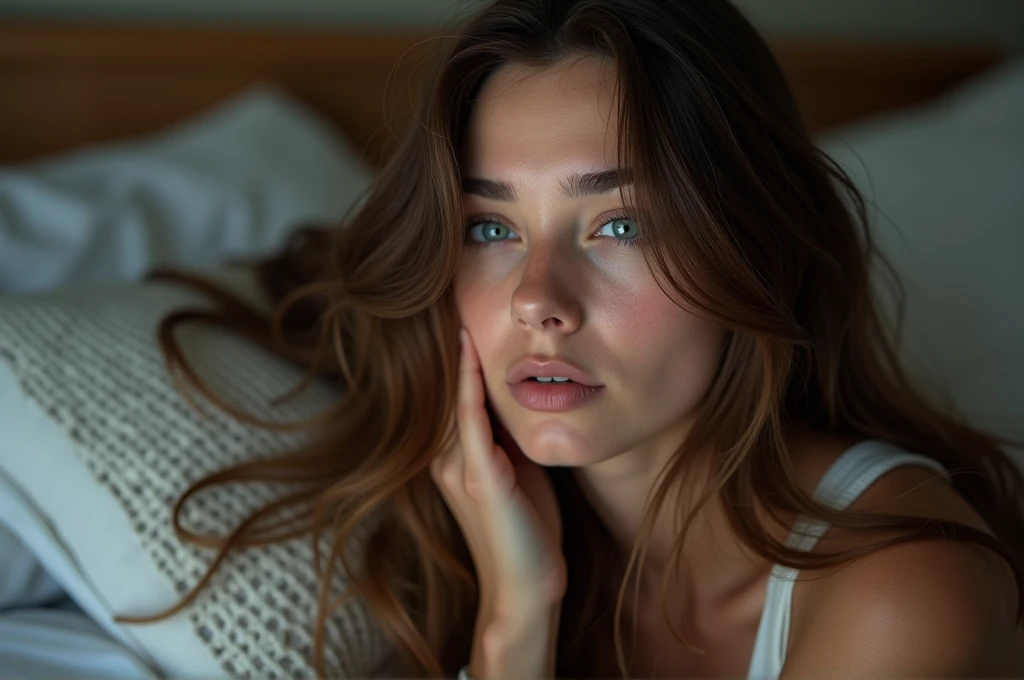 photograph, taken with a cell phone at a distance that shows the entire body, She is very young, At home in her bedroom, Normal nightwear, sad about a lost love, long brown hair, a softened ironic smile - tears in her eyes, contained excitement, soft lighting on her face, realistic textures of skin-clothes-hair, sky blue eyes-carpeted haze, beautiful real textures and delicate aesthetics, full body view, notable for natural feminine beauty, noise, 8k quality, RAW PHOTO, by professional photographer, rule of thirds, extremely detailed