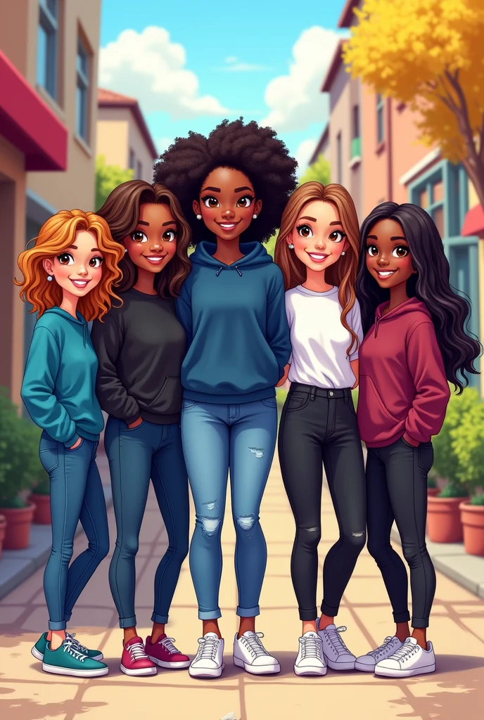 Create a drawing with 6 people .5 girls and a boy ,tall black ,shaven hair, the characteristics of the first girl is : medium curly hair, eyes browns ,chestnut hair ,Caucasian skin ,blue sweatshirt and jeans .Characteristics of the second girl : big hair ,smooth and black , brown skin ,black eyes , black sweatshirt and jeans , the third girl : skin black , eyes browns , curry hair,white blouse and jeans, the fourth girl has long, light brown hair ,Light brown eyes , Caucasian skin ,white blouse and black pants , a quinta garota tem Caucasian skin ,big hair e ondulado , hair color is light brown , .white blouse and black pants ,White sneakers , a sexta garota tem skin black ,straight and medium hair , eyes browns, burgundy sweatshirt and jeans. the image style should be cartoon character
