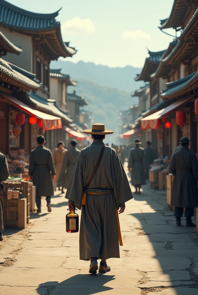 A Joseon-era vagabond wandering backwards through the city streets with a jar of wine 
