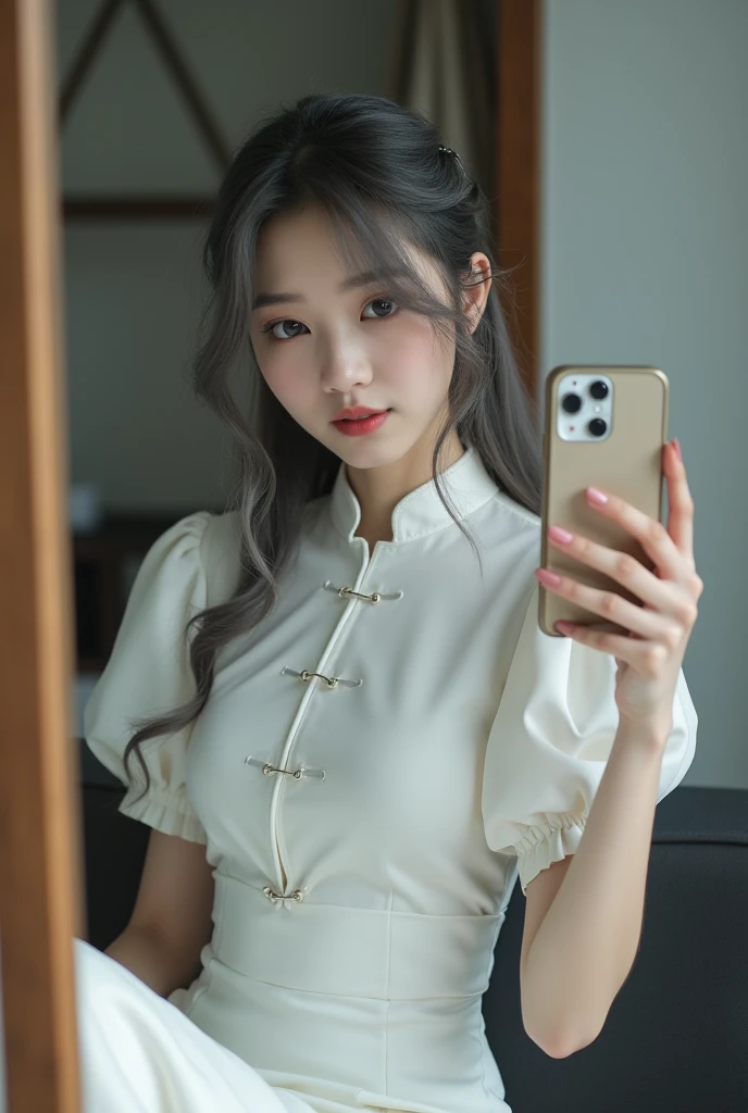 highly detailed, beautiful, hyper Realistic girl, masterpiece, best quality, Japanese sexy gravure woman, 28-years-old, identity hidden, all body shot, , takes a selfie in her room using a smartphone in front of a mirror with one hand, fashion model Posing, sitting, looking away from the camera, /// gray arranged hair, light color eyes, Realistic skin, Detailed face, /// BREAK Cyber punk taste chinese dress, balloon Sleeves, white theme, mandarin collar, Circular silhouette skirt, gray, /// Monotone simple modern taste single room, mirror, complicated background