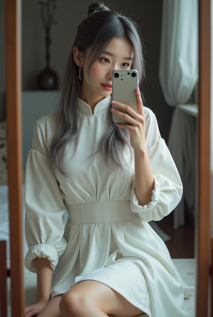 highly detailed, beautiful, hyper Realistic girl, masterpiece, best quality, Japanese sexy gravure woman, 28-years-old, identity hidden, all body shot, , takes a selfie in her room using a smartphone in front of a mirror with one hand, fashion model Posing, sitting, looking away from the camera, /// gray arranged hair, light color eyes, Realistic skin, Detailed face, /// BREAK Cyber punk taste chinese dress, balloon Sleeves, white theme, mandarin collar, Circular silhouette skirt, gray, /// Monotone simple modern taste single room, mirror, complicated background
