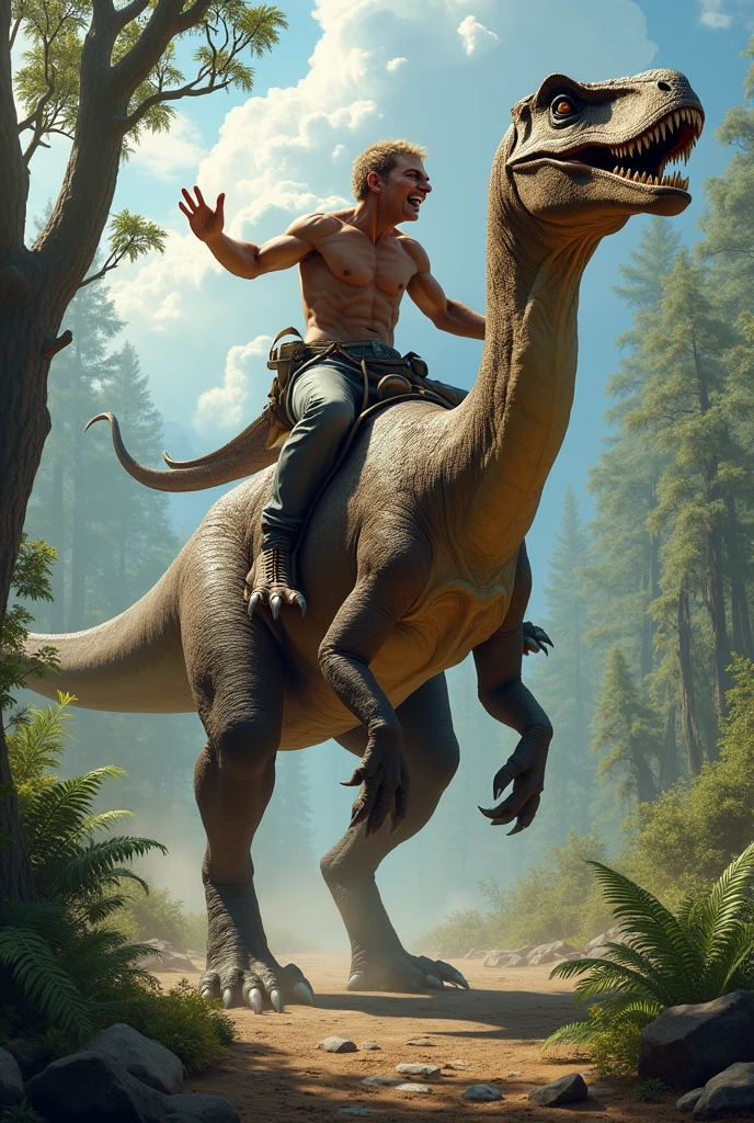 dinosaur riding another dinosaur