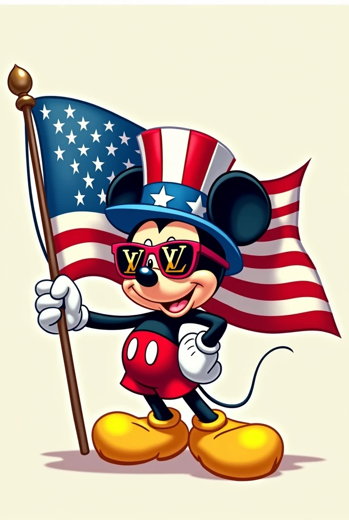 Mickey mouse with blue and red American hat and glasses with the Louis Vuitton logo holding the United States flag in 2D image