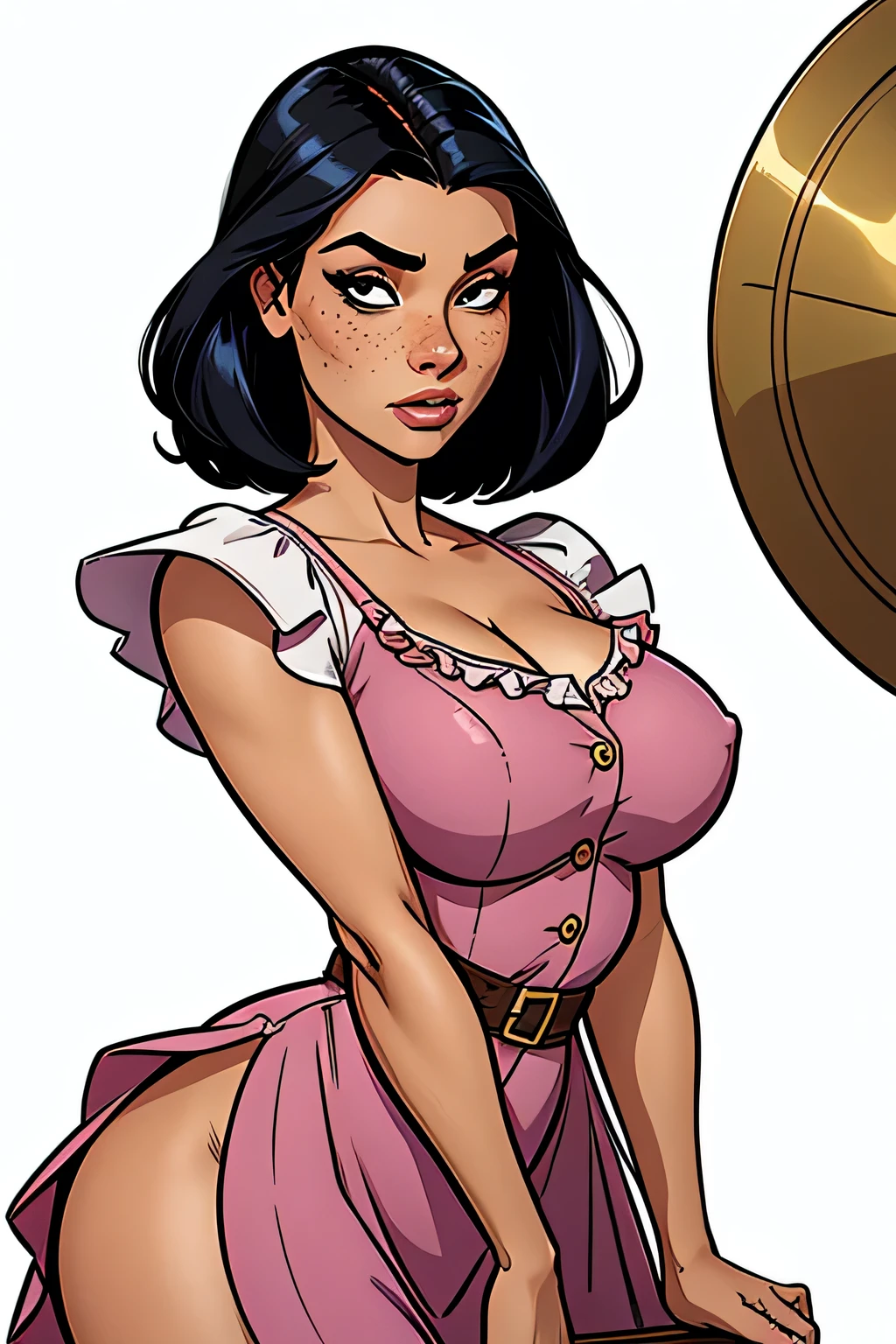 Thin woman, age 25, 4K (High definition), thoughtful, seducing gaze, eyes browns, wearing a long pink dress with a boat neck (with buttons) and short sleeves (with white frills), arms positioned at the side of the body, pele caucasiana, straight shoulder-length black hair, upper body, full of curves with freckles on her chest and neck, round breasts. High-quality Marvel style, white background.