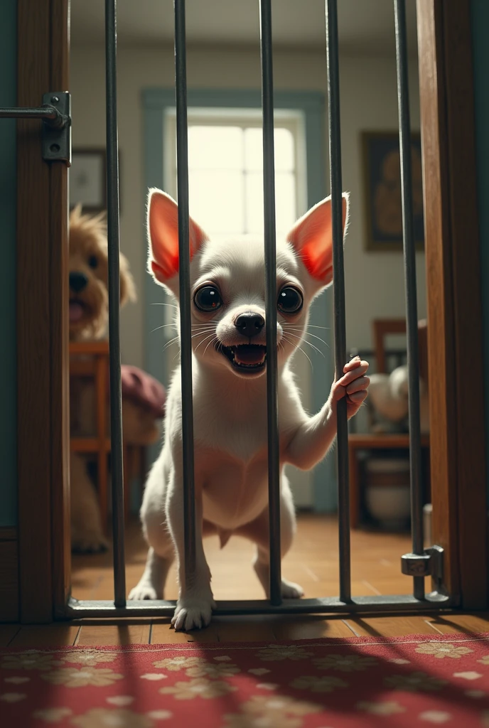 A scared white chihuahua dog tries to escape from its cage and in the background they are inside a house