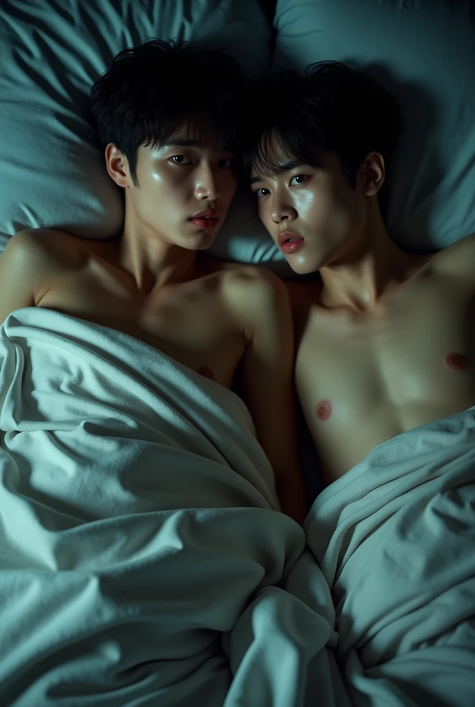 Jeon Jungkook and Park Jimin lying in bed naked with the blanket up to their belly button looking scared at the camera