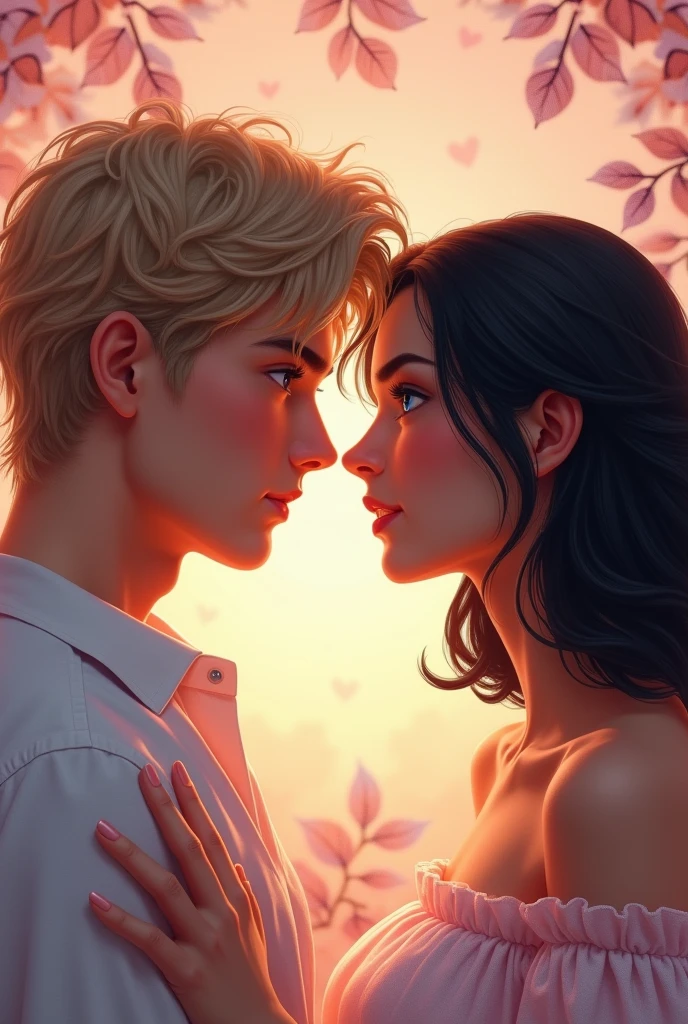 Imagine a cover in pastel tones, I want my protagonists to appear on the cover, Staring directly into each other's eyes, letting their love and desire be seen.
A man with blond hair, disordered, piercing blue eyes,of tall stature, with masculine and young adult features, make him look like the actor from the series maxton hall A woman with shoulder-length black, semi-wavy hair, dark brown eyes, with fine and elegant features.
I want something more real Create something where both look handsome