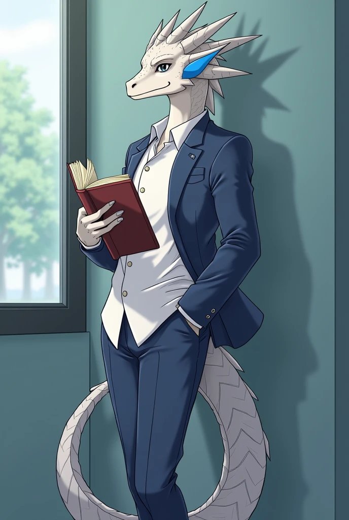 Male Dragon, white and gray, there is a blue oval shape on his cheek, ideal body, high school student,  so OSIS, wear high school student council uniform, wear school pants, he is reading a book while standing with one hand, his eyes glanced, one more hand in the pocket, leaning against the wall, have one tail, graphic anime
