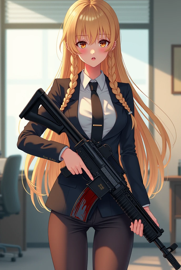 in anime style. A young and cute 19 year old girl, with long blonde hair, fringe and braids, in the formal clothes of someone who works in an office. She is very beautiful and has a great physique., with a smile holding a large and heavy blood-stained mg3 machine gun. But make her look friendly and humble, but with the air of being a very stressed and angry person